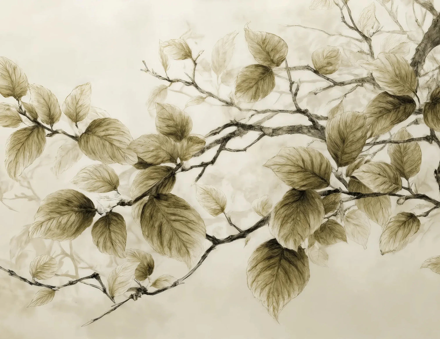 Douceur de l’arbre – Papier Peint Branches Délicates au Feuillage Tendre - Illulart: Papier peint panoramique