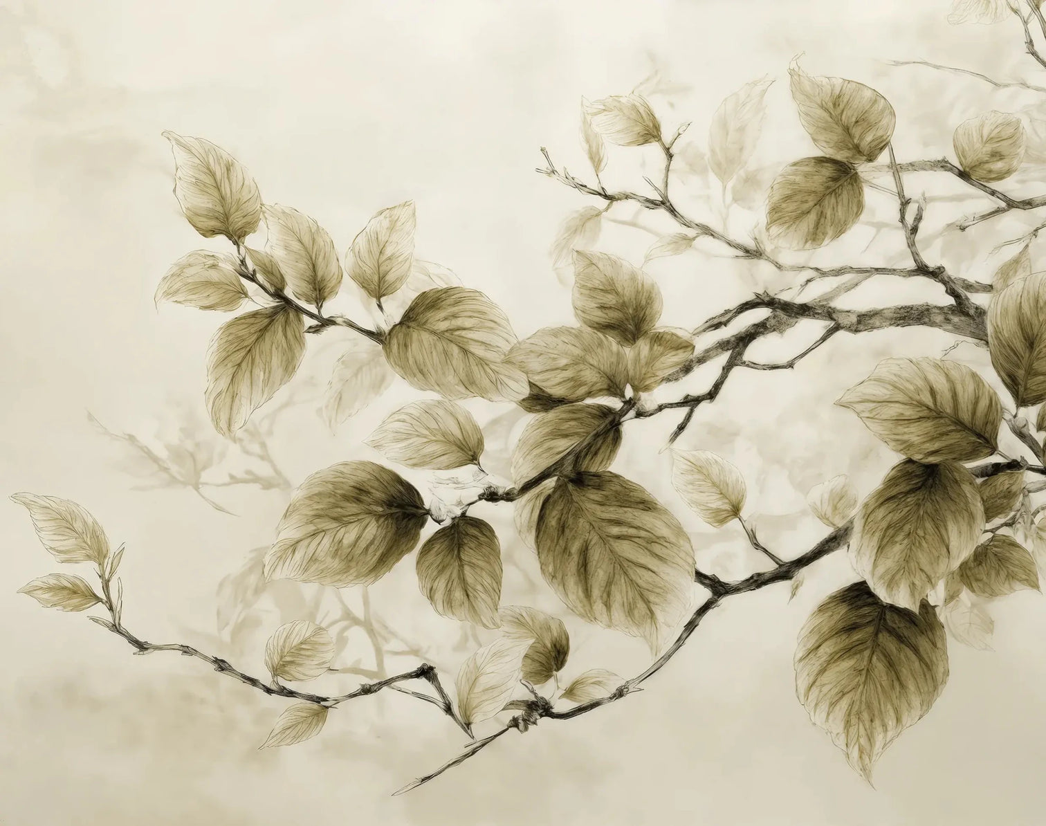 Douceur de l’arbre – Papier Peint Branches Délicates au Feuillage Tendre - Illulart: Papier peint panoramique