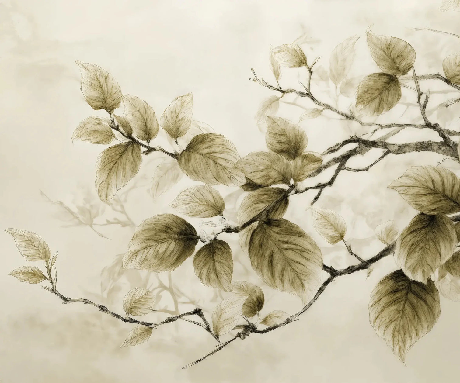 Douceur de l’arbre – Papier Peint Branches Délicates au Feuillage Tendre - Illulart: Papier peint panoramique