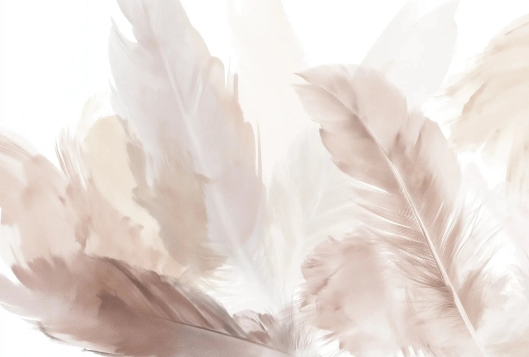 Douceur suspendue - Papier peint panoramique plumes pastel en nuances beiges - Illulart: Papier peint panoramique