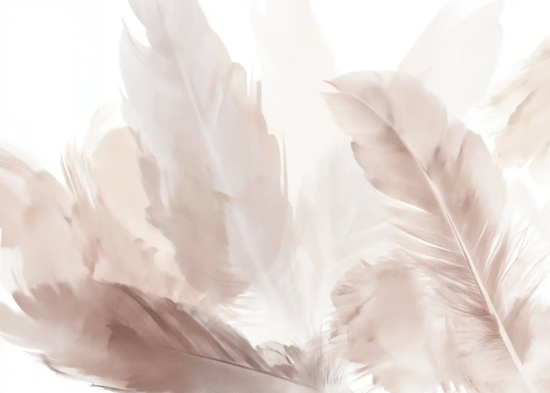 Douceur suspendue - Papier peint panoramique plumes pastel en nuances beiges - Illulart: Papier peint panoramique