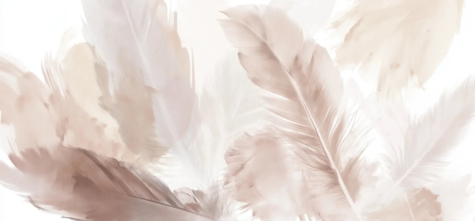 Douceur suspendue - Papier peint panoramique plumes pastel en nuances beiges - Illulart: Papier peint panoramique