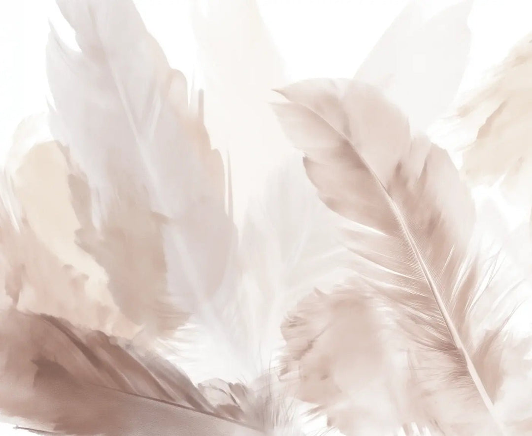 Douceur suspendue - Papier peint panoramique plumes pastel en nuances beiges - Illulart: Papier peint panoramique