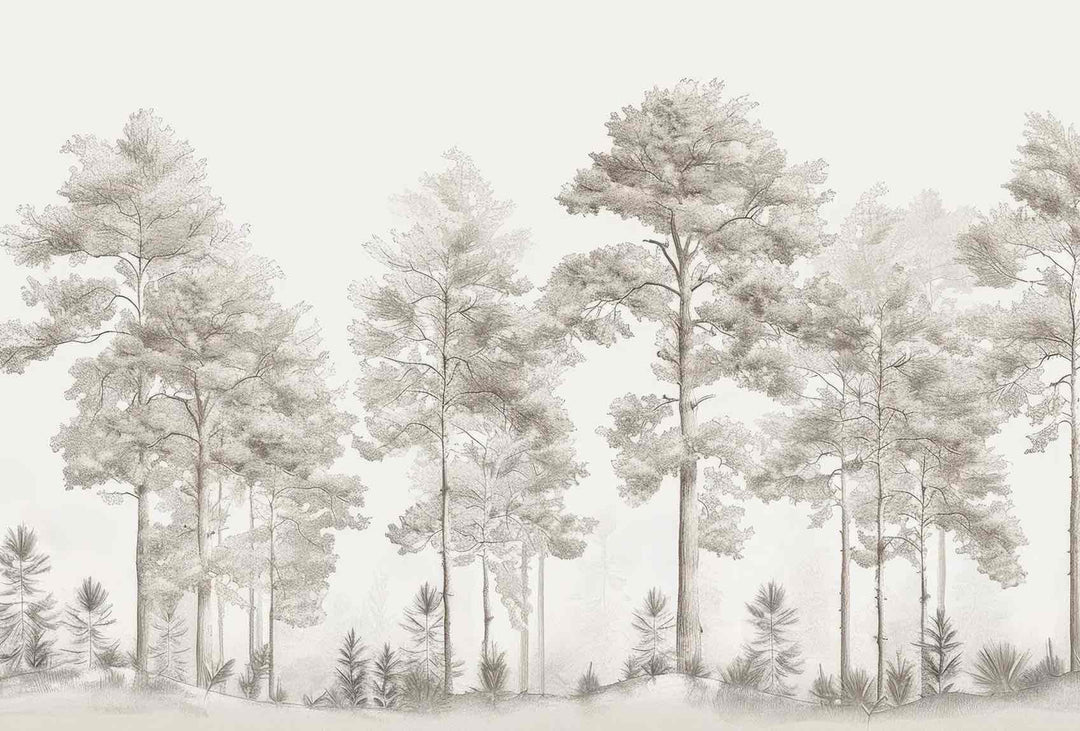 Douceurs des bois - Papier Peint Panoramique Arbres en Beige et Gris - Illulart: Papier peint panoramique