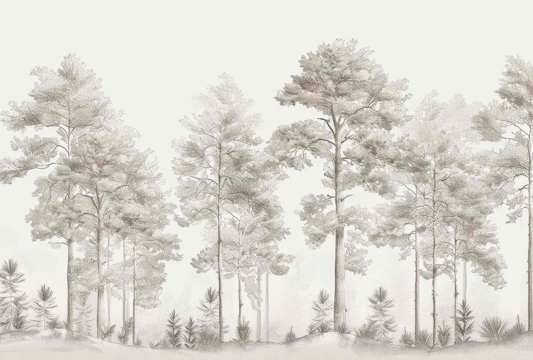 Douceurs des bois - Papier Peint Panoramique Arbres en Beige et Gris - Illulart: Papier peint panoramique