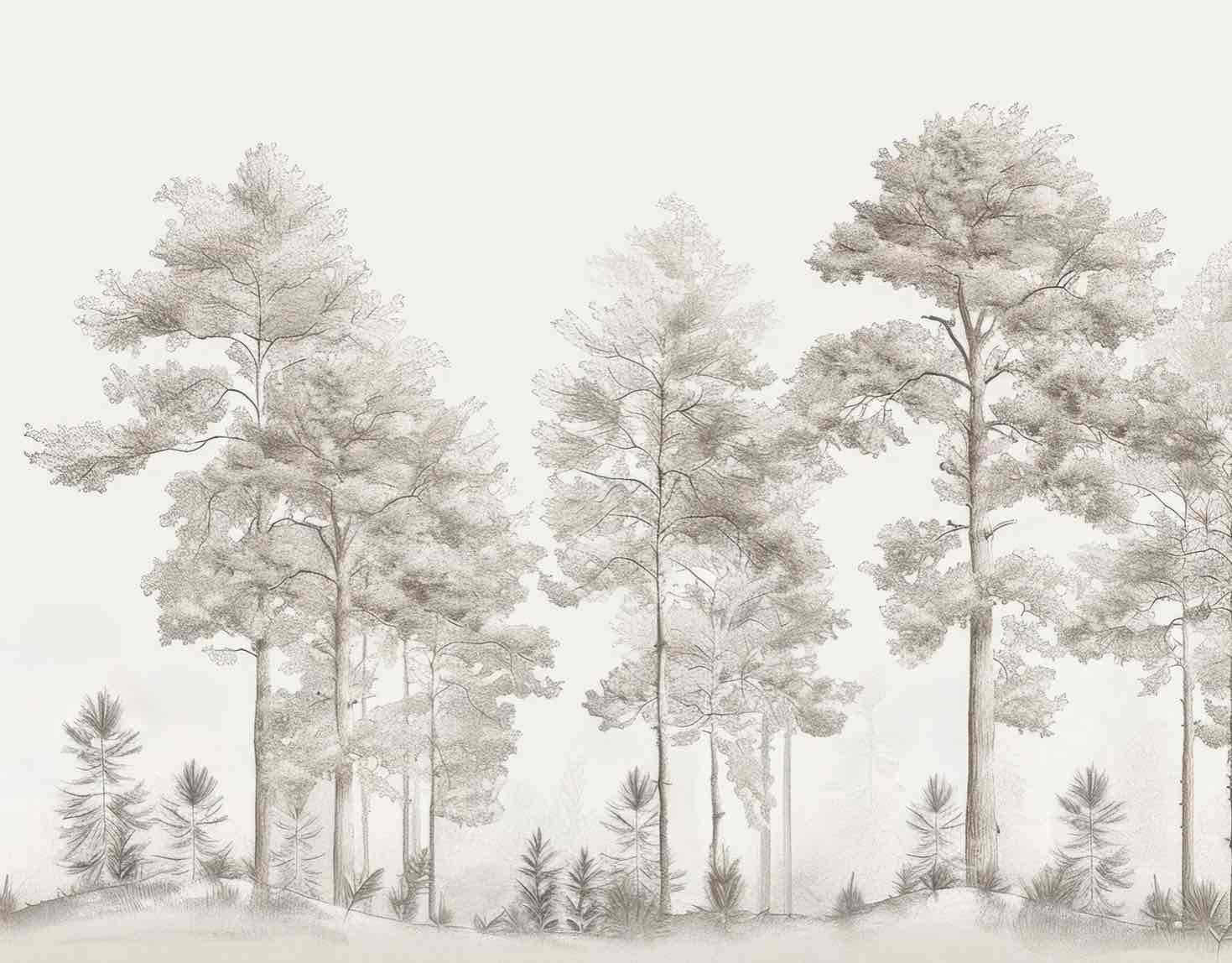 Douceurs des bois - Papier Peint Panoramique Arbres en Beige et Gris - Illulart: Papier peint panoramique