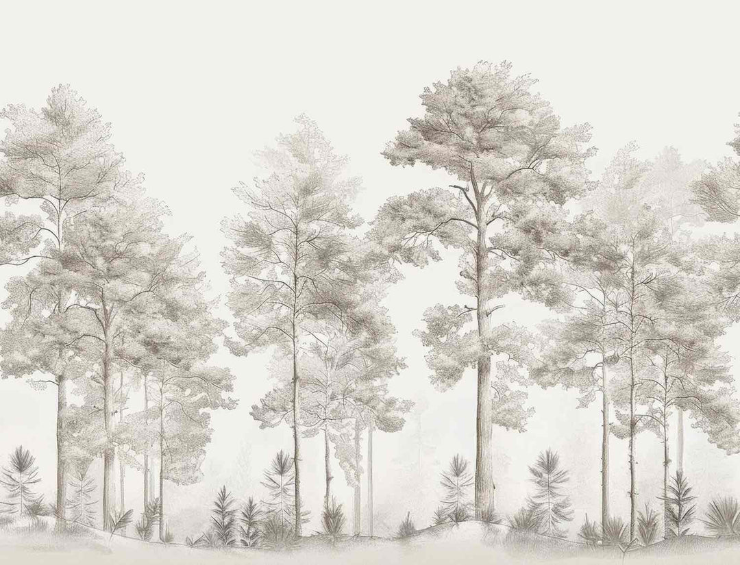 Douceurs des bois - Papier Peint Panoramique Arbres en Beige et Gris - Illulart: Papier peint panoramique
