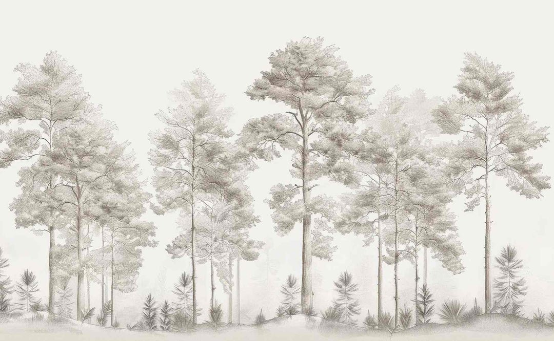 Douceurs des bois - Papier Peint Panoramique Arbres en Beige et Gris - Illulart: Papier peint panoramique