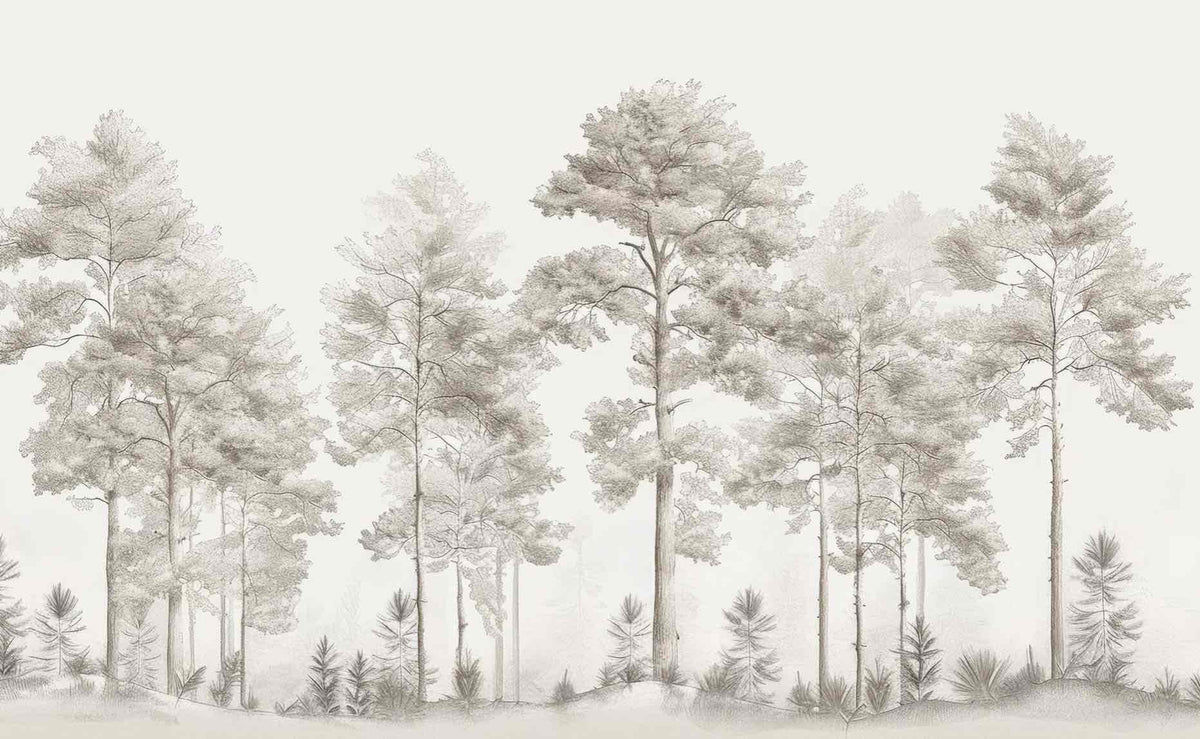 Douceurs des bois - Papier Peint Panoramique Arbres en Beige et Gris - Illulart: Papier peint panoramique