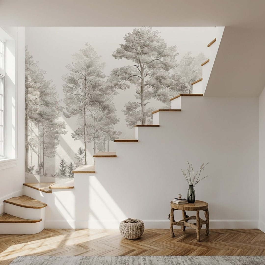 Douceurs des bois - Papier Peint Panoramique Arbres en Beige et Gris - Illulart: Papier peint panoramique