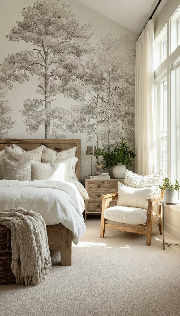 Douceurs des bois - Papier Peint Panoramique Arbres en Beige et Gris - Illulart: Papier peint panoramique