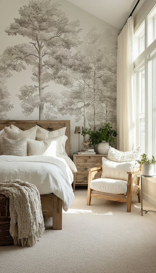 Douceurs des bois - Papier Peint Panoramique Arbres en Beige et Gris - Illulart: Papier peint panoramique