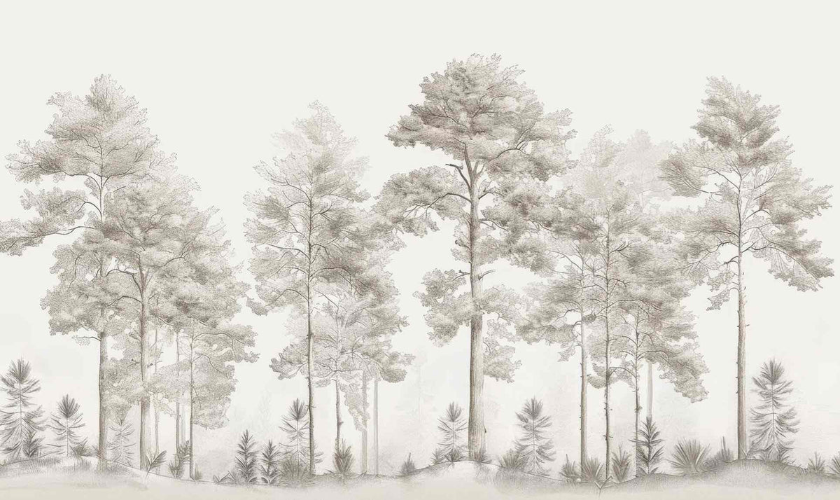 Douceurs des bois - Papier Peint Panoramique Arbres en Beige et Gris - Illulart: Papier peint panoramique