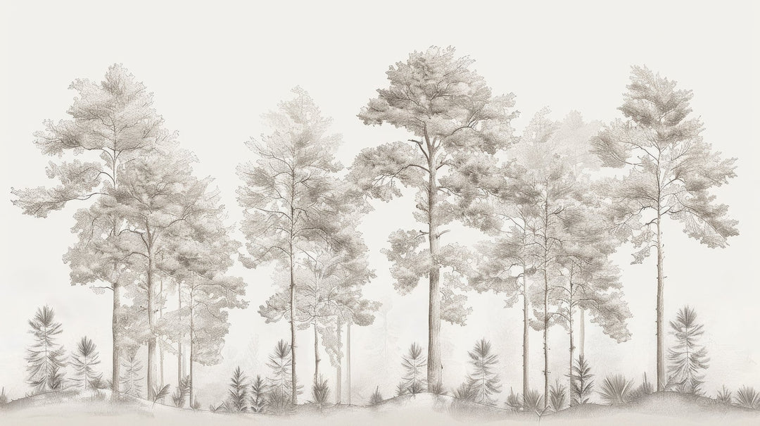Douceurs des bois - Papier Peint Panoramique Arbres en Beige et Gris - Illulart: Papier peint panoramique