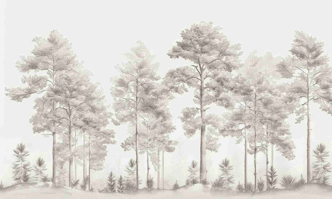 Douceurs des bois - Papier Peint Panoramique Arbres en Beige et Gris - Illulart: Papier peint panoramique