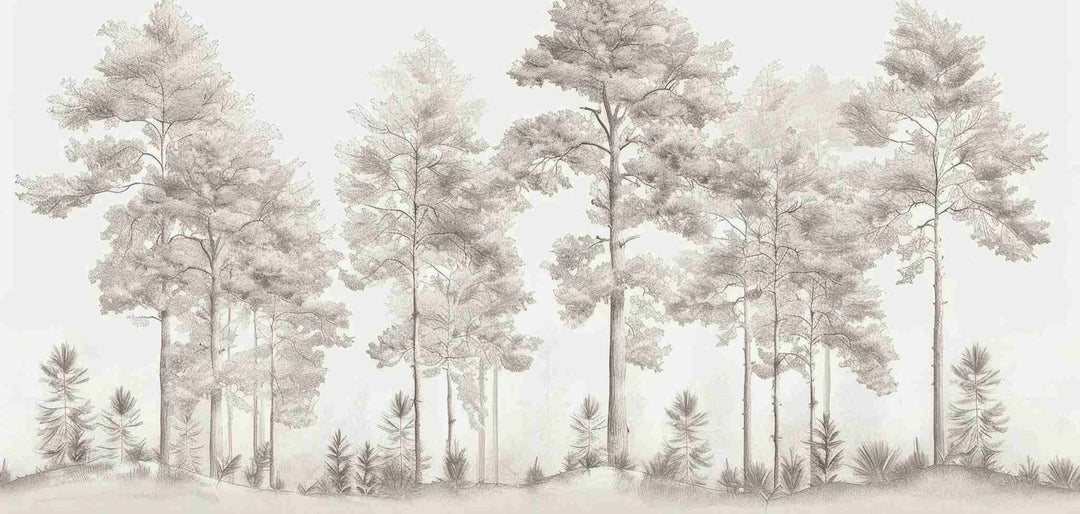 Douceurs des bois - Papier Peint Panoramique Arbres en Beige et Gris - Illulart: Papier peint panoramique
