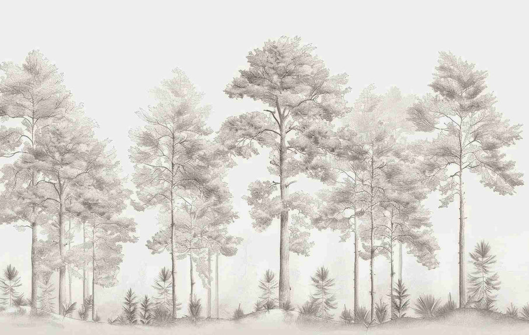 Douceurs des bois - Papier Peint Panoramique Arbres en Beige et Gris - Illulart: Papier peint panoramique