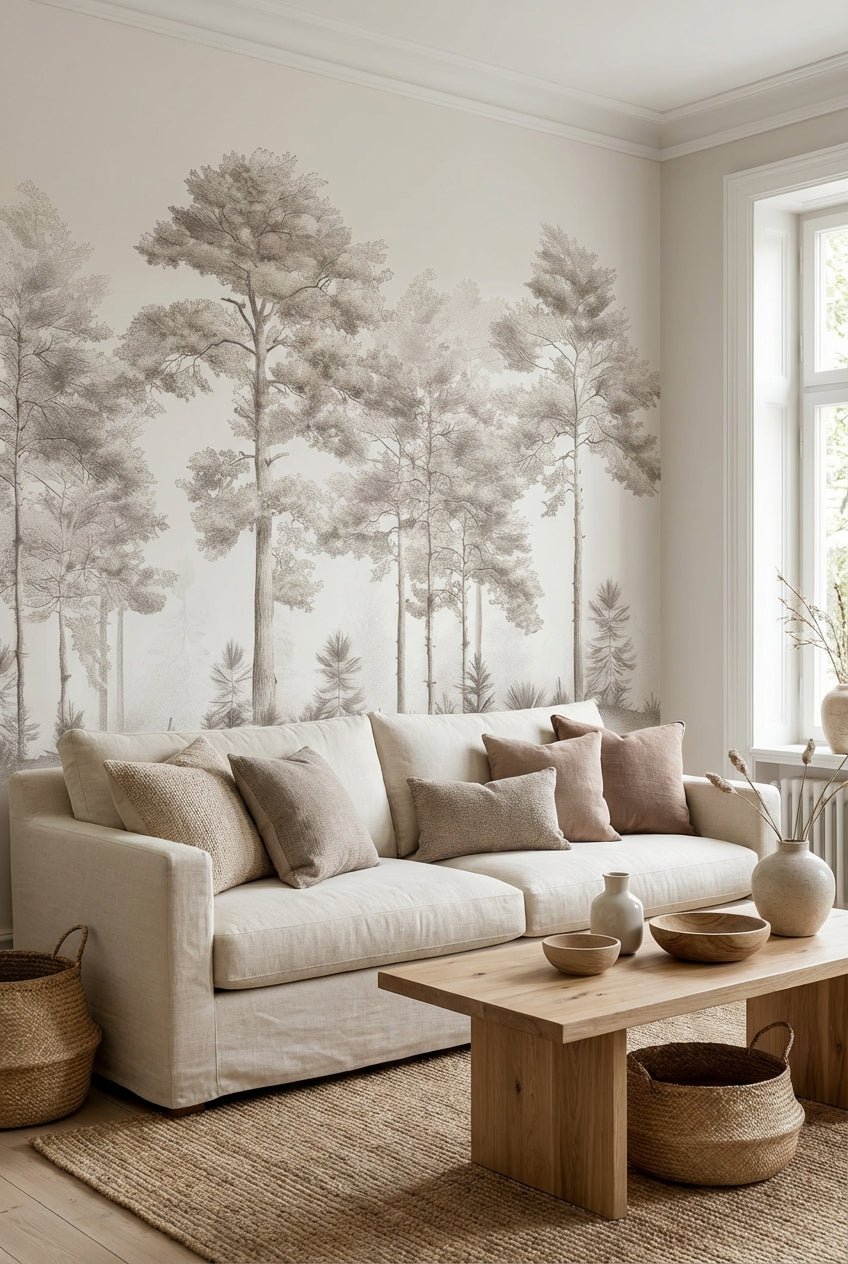 Douceurs des bois - Papier Peint Panoramique Arbres en Beige et Gris - Illulart: Papier peint panoramique