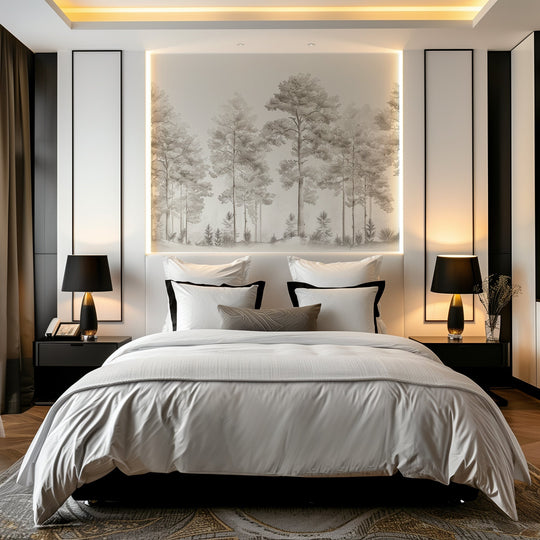 Douceurs des bois - Papier Peint Panoramique Arbres en Beige et Gris - Illulart: Papier peint panoramique