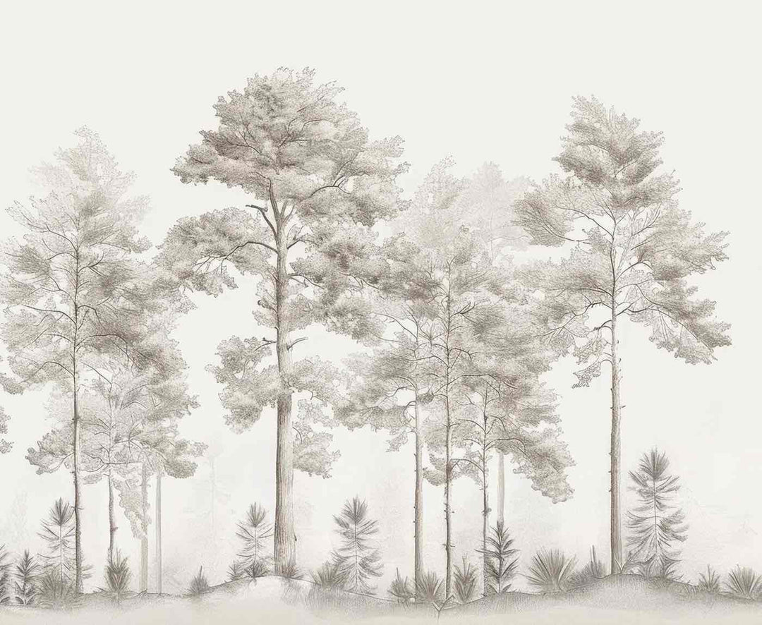 Douceurs des bois - Papier Peint Panoramique Arbres en Beige et Gris - Illulart: Papier peint panoramique