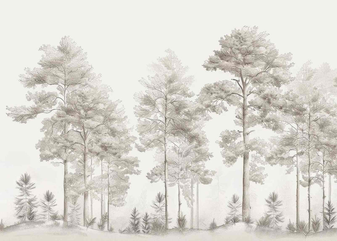 Douceurs des bois - Papier Peint Panoramique Arbres en Beige et Gris - Illulart: Papier peint panoramique