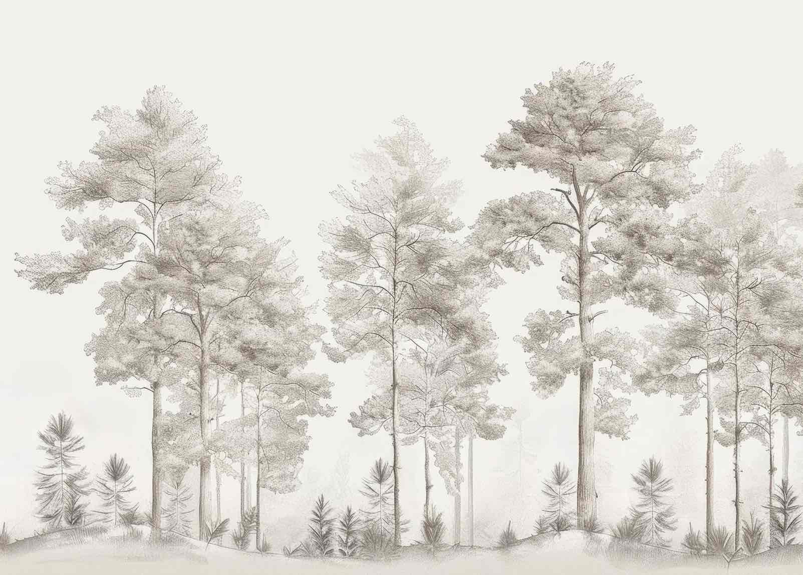 Douceurs des bois - Papier Peint Panoramique Arbres en Beige et Gris - Illulart: Papier peint panoramique