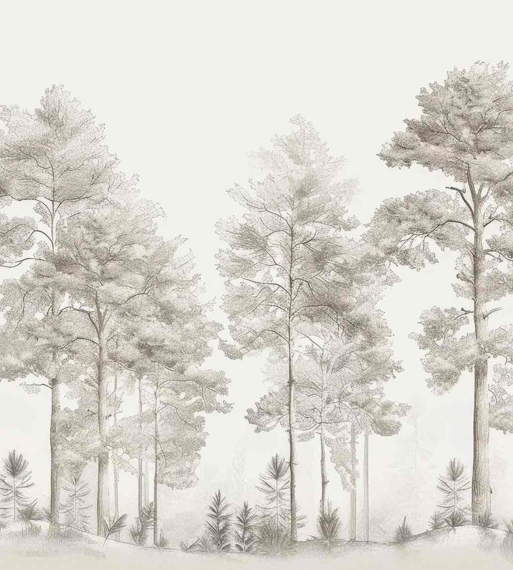 Douceurs des bois - Papier Peint Panoramique Arbres en Beige et Gris - Illulart: Papier peint panoramique