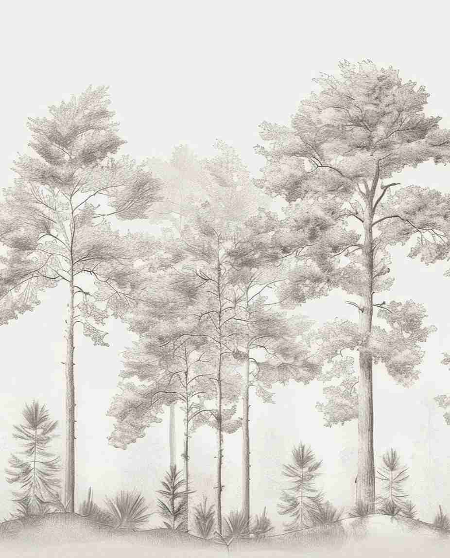 Douceurs des bois - Papier Peint Panoramique Arbres en Beige et Gris - Illulart: Papier peint panoramique