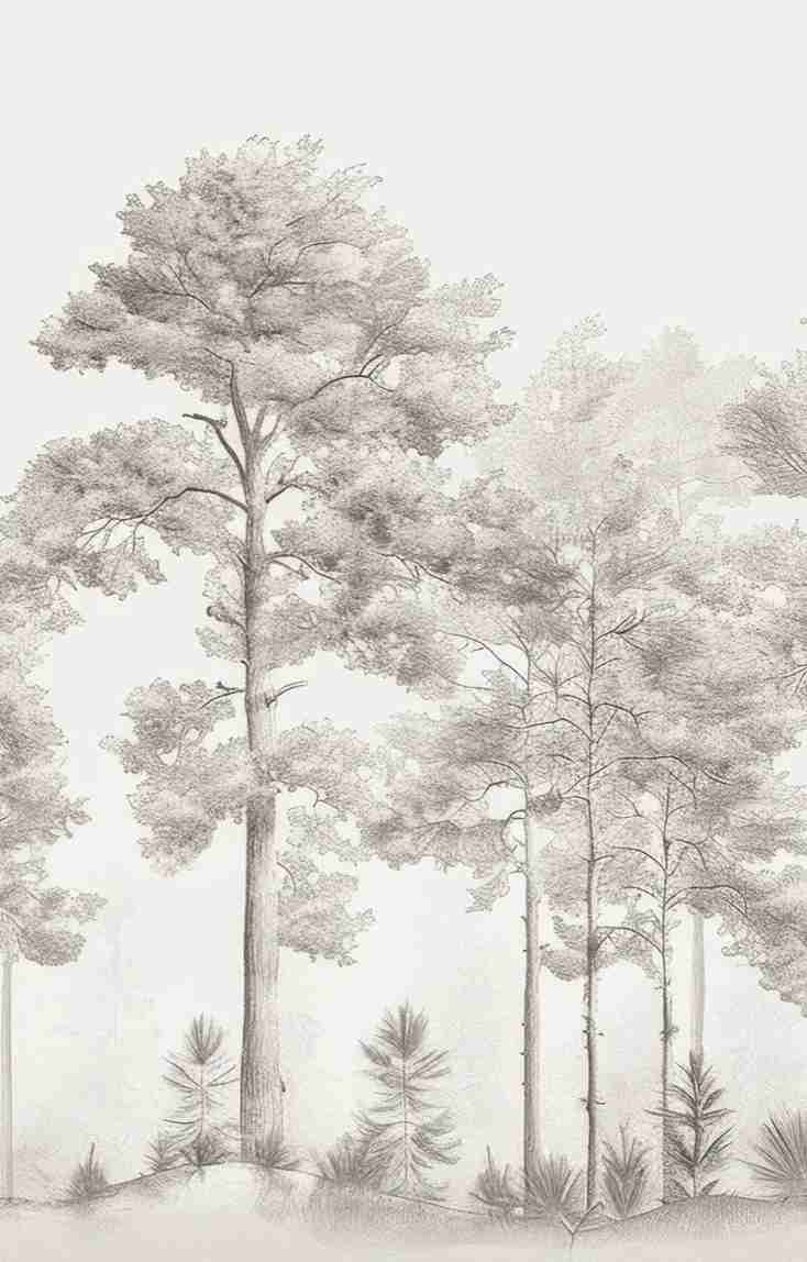 Douceurs des bois - Papier Peint Panoramique Arbres en Beige et Gris - Illulart: Papier peint panoramique