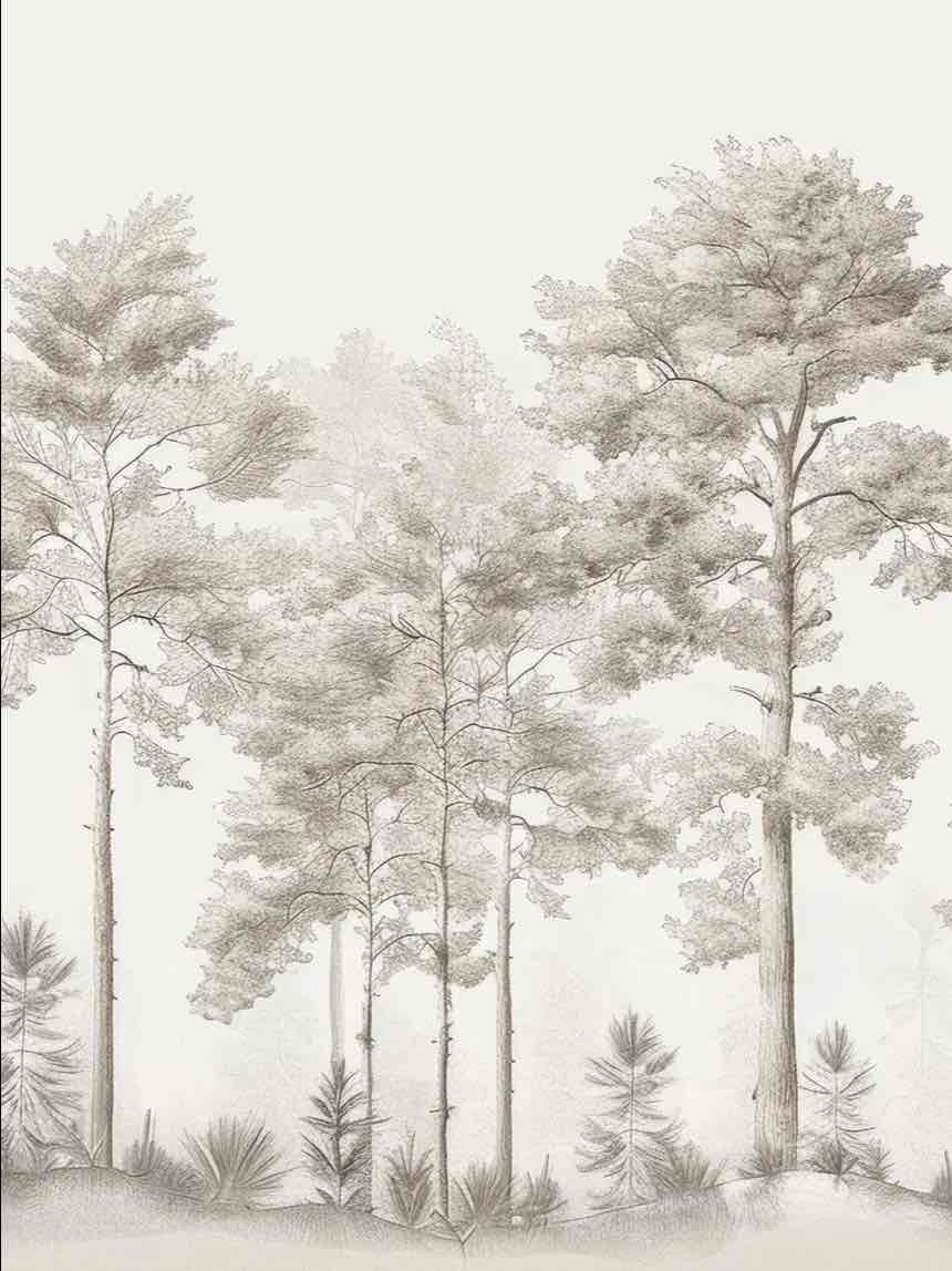 Douceurs des bois - Papier Peint Panoramique Arbres en Beige et Gris - Illulart: Papier peint panoramique