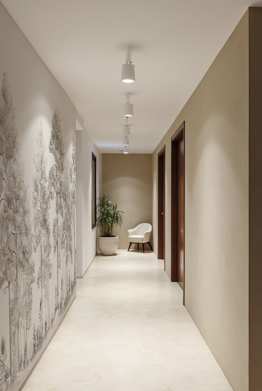 Douceurs des bois - Papier Peint Panoramique Arbres en Beige et Gris - Illulart: Papier peint panoramique