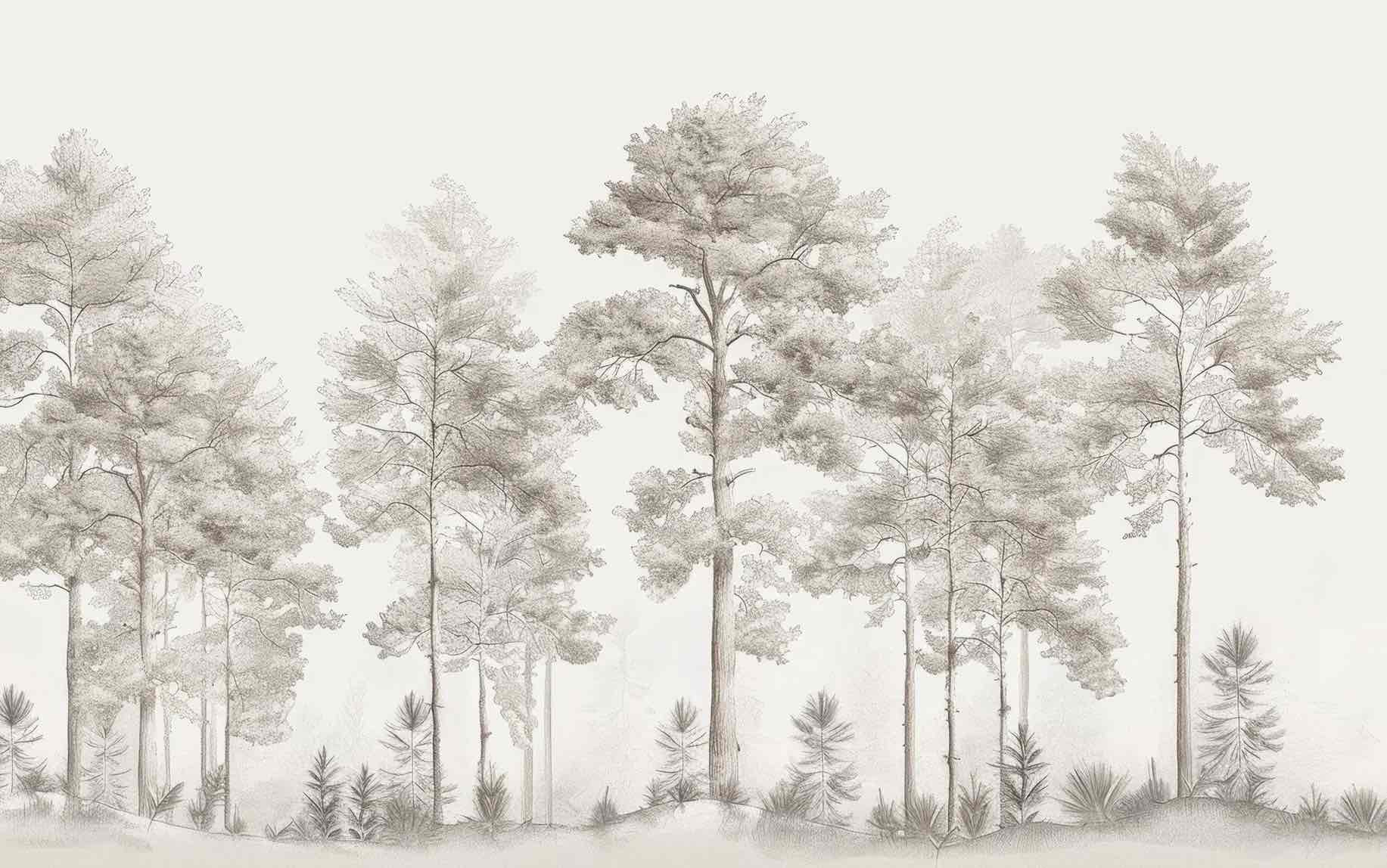 Douceurs des bois - Papier Peint Panoramique Arbres en Beige et Gris - Illulart: Papier peint panoramique