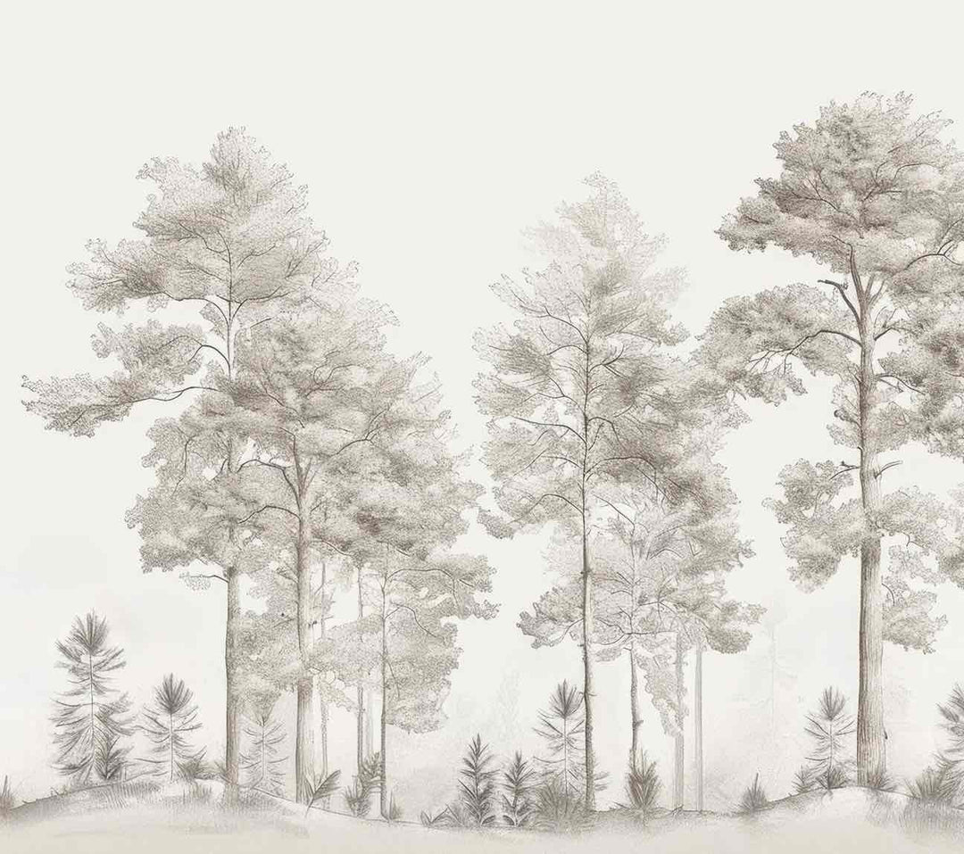 Douceurs des bois - Papier Peint Panoramique Arbres en Beige et Gris - Illulart: Papier peint panoramique