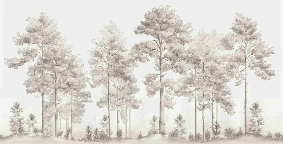 Douceurs des bois - Papier Peint Panoramique Arbres en Beige et Gris - Illulart: Papier peint panoramique