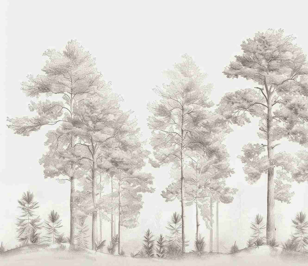 Douceurs des bois - Papier Peint Panoramique Arbres en Beige et Gris - Illulart: Papier peint panoramique