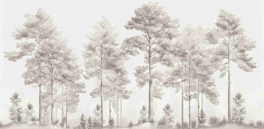 Douceurs des bois - Papier Peint Panoramique Arbres en Beige et Gris - Illulart: Papier peint panoramique