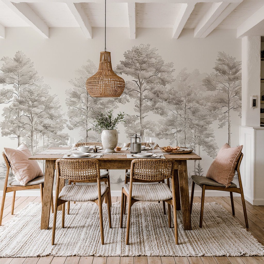 Douceurs des bois - Papier Peint Panoramique Arbres en Beige et Gris - Illulart: Papier peint panoramique
