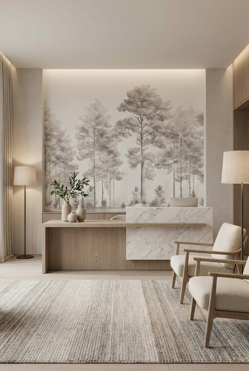 Douceurs des bois - Papier Peint Panoramique Arbres en Beige et Gris - Illulart: Papier peint panoramique