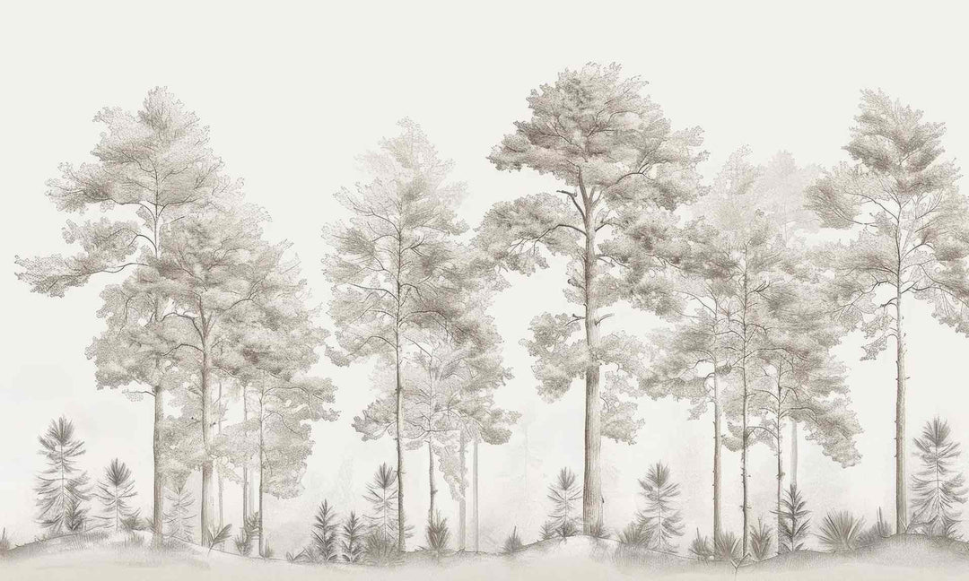 Douceurs des bois - Papier Peint Panoramique Arbres en Beige et Gris - Illulart: Papier peint panoramique