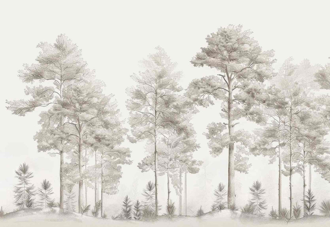 Douceurs des bois - Papier Peint Panoramique Arbres en Beige et Gris - Illulart: Papier peint panoramique