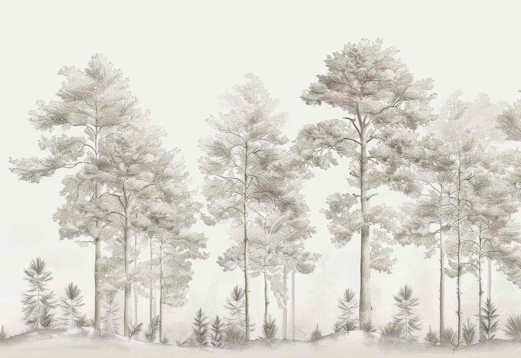 Douceurs des bois - Papier Peint Panoramique Arbres en Beige et Gris - Illulart: Papier peint panoramique