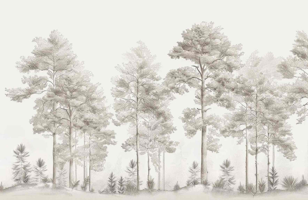 Douceurs des bois - Papier Peint Panoramique Arbres en Beige et Gris - Illulart: Papier peint panoramique