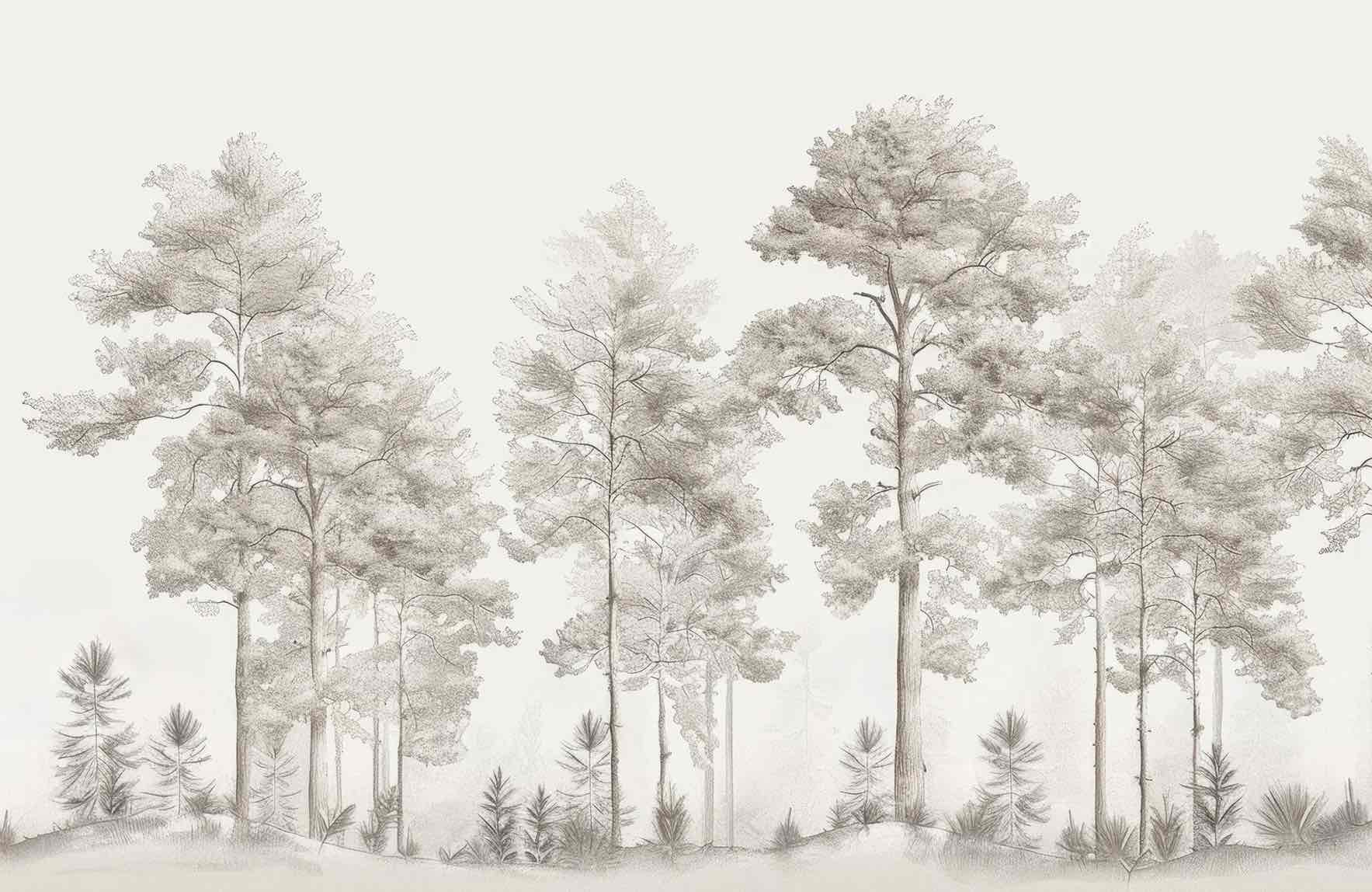 Douceurs des bois - Papier Peint Panoramique Arbres en Beige et Gris - Illulart: Papier peint panoramique