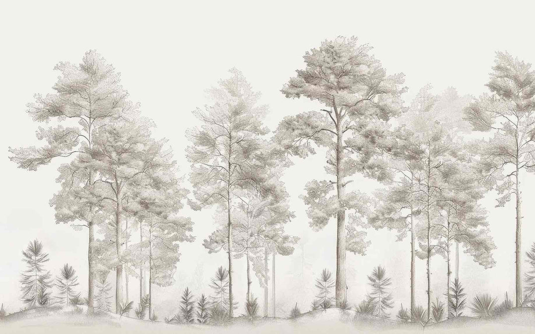 Douceurs des bois - Papier Peint Panoramique Arbres en Beige et Gris - Illulart: Papier peint panoramique