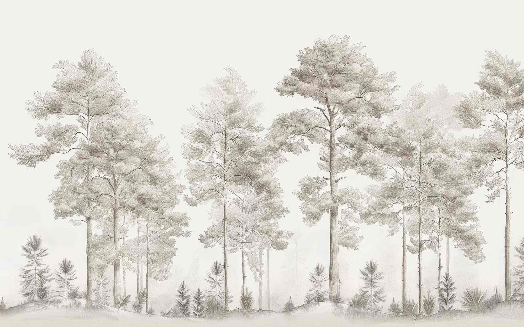 Douceurs des bois - Papier Peint Panoramique Arbres en Beige et Gris - Illulart: Papier peint panoramique