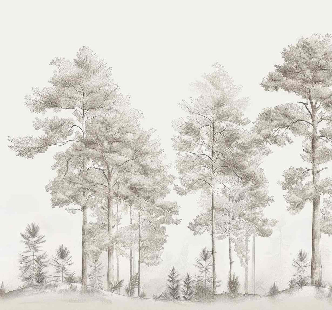 Douceurs des bois - Papier Peint Panoramique Arbres en Beige et Gris - Illulart: Papier peint panoramique