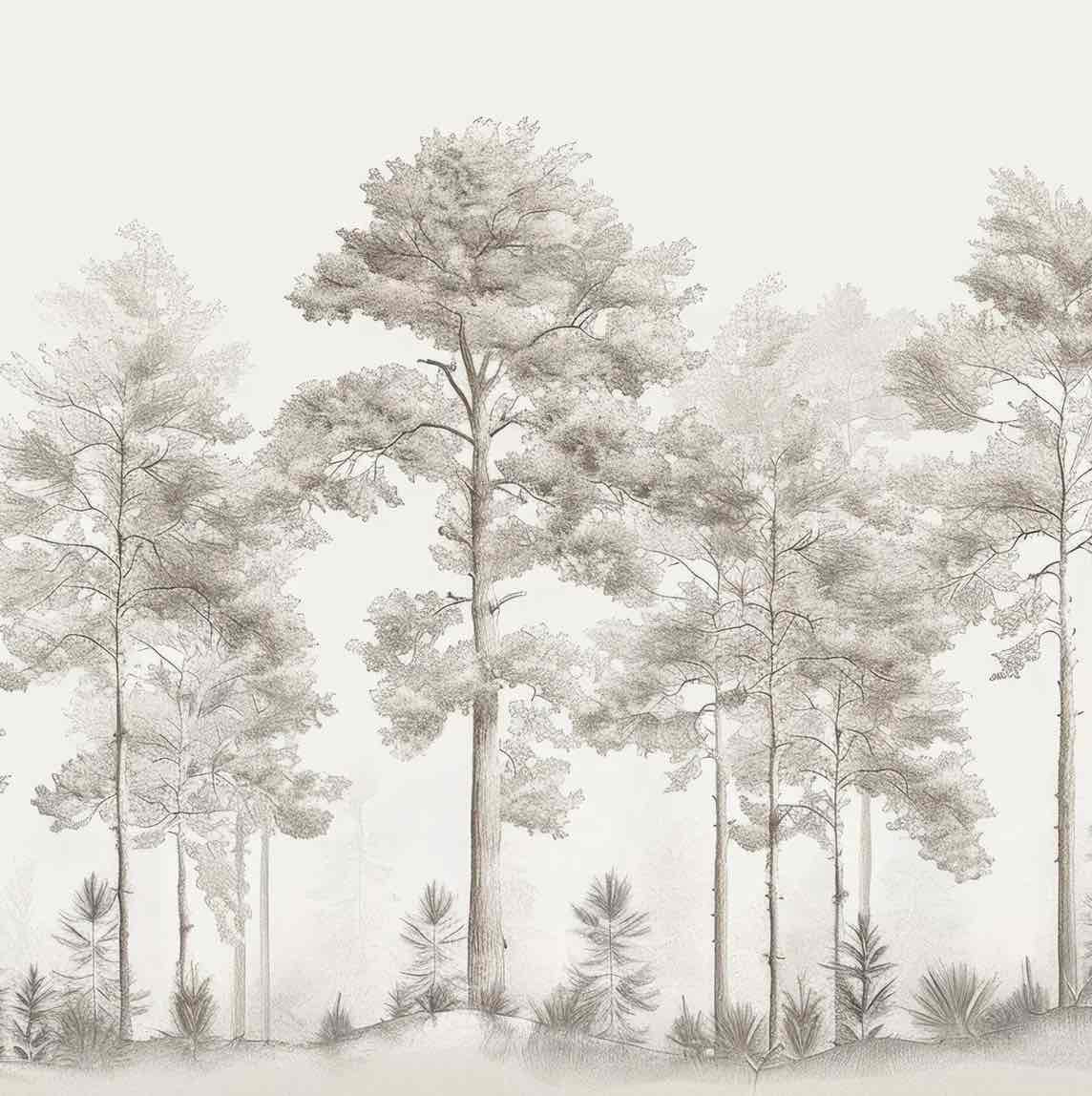 Douceurs des bois - Papier Peint Panoramique Arbres en Beige et Gris - Illulart: Papier peint panoramique