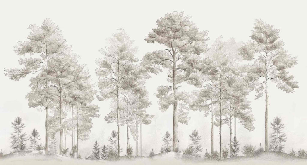 Douceurs des bois - Papier Peint Panoramique Arbres en Beige et Gris - Illulart: Papier peint panoramique