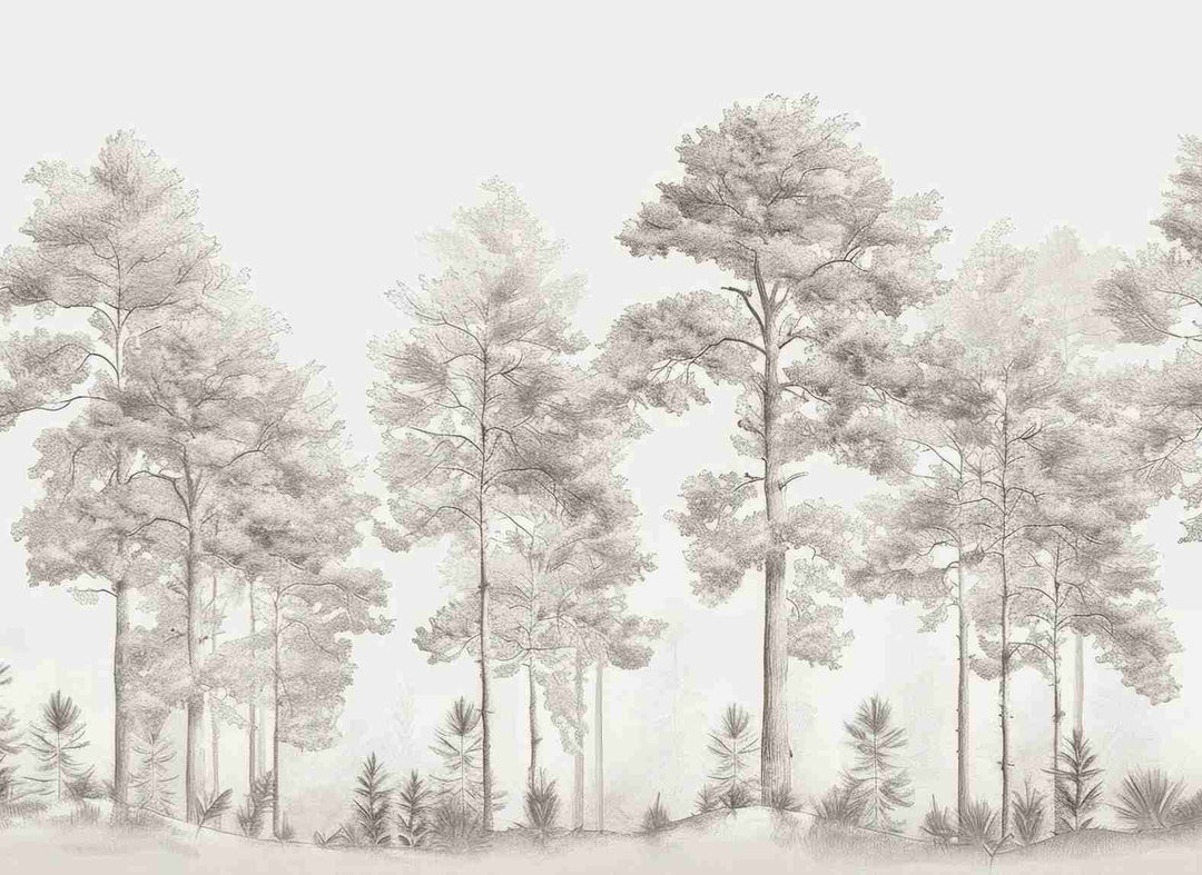 Douceurs des bois - Papier Peint Panoramique Arbres en Beige et Gris - Illulart: Papier peint panoramique