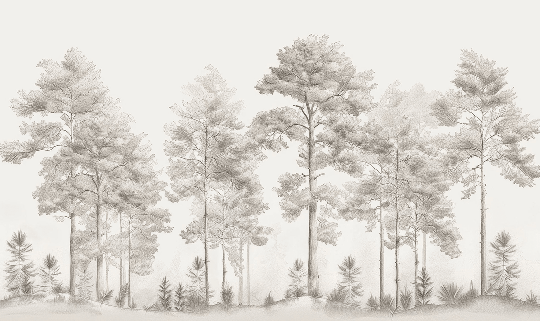 Douceurs des bois - Papier Peint Panoramique Arbres en Beige et Gris - Illulart: Papier peint panoramique